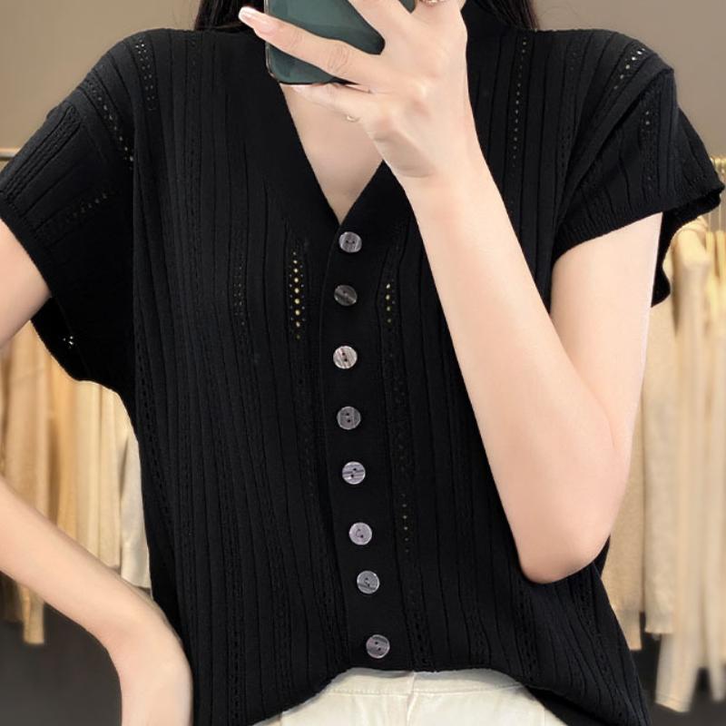 

Кардиган Наряд Новая Летняя Женская Одежда Корейский Стиль Модный Короткий V-образный вырез Трикотажный Топ из Ледяного Шелка для Женщин XXL чёрный