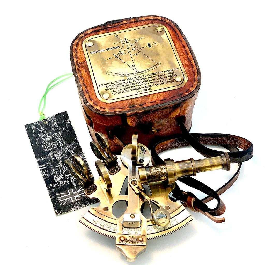 Starožitný námořní Nautical Sextant Telescope Vintage Marine Astroláb Lodní nástroje s koženou krabičkou Kelvin Hughes London 1917 vyryto