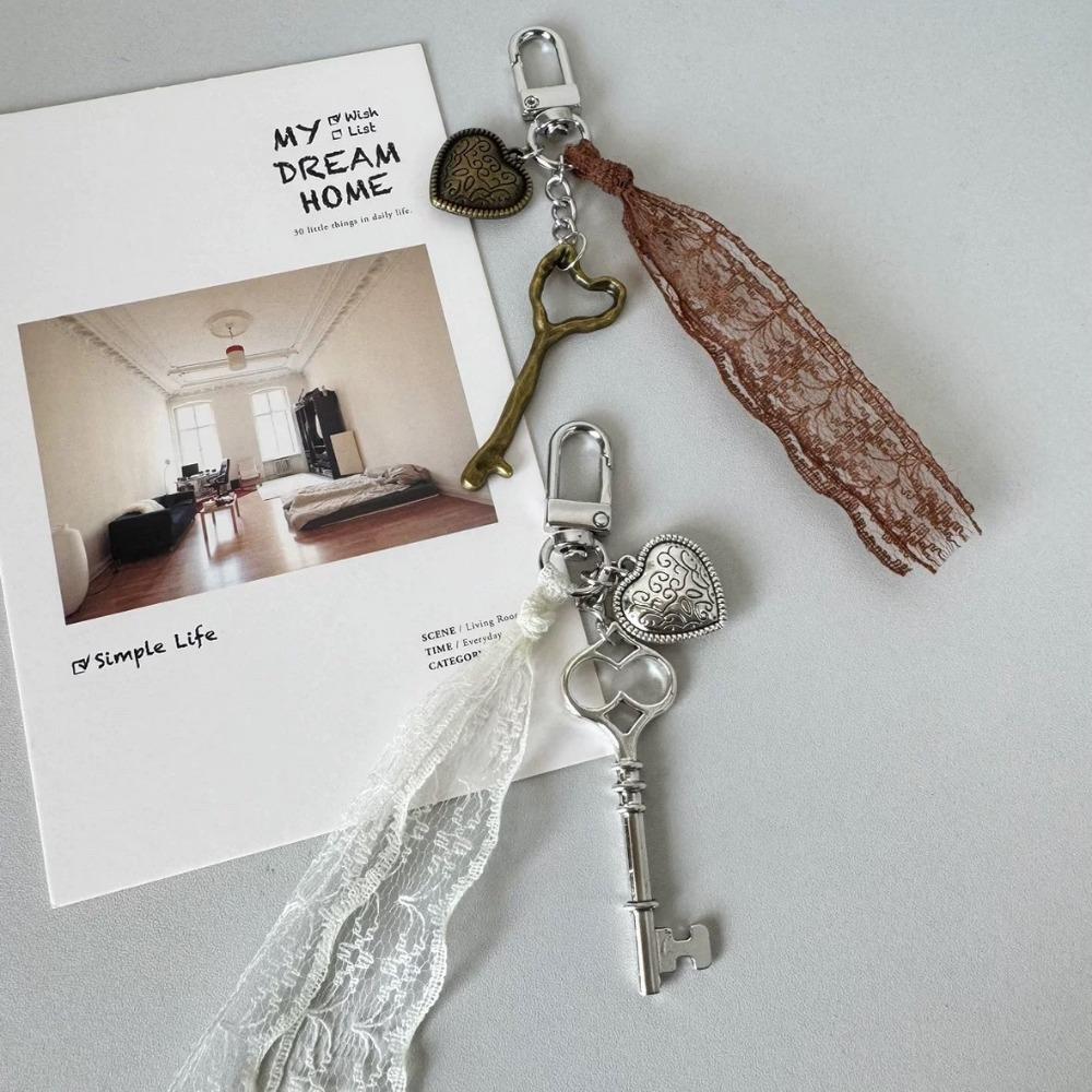 Ins Style Lace Heart-Shaped Pattern Key Cherry Key Chains Mirror Retro Y2k Cute Versatile Bag Hanging Decoration Keychain