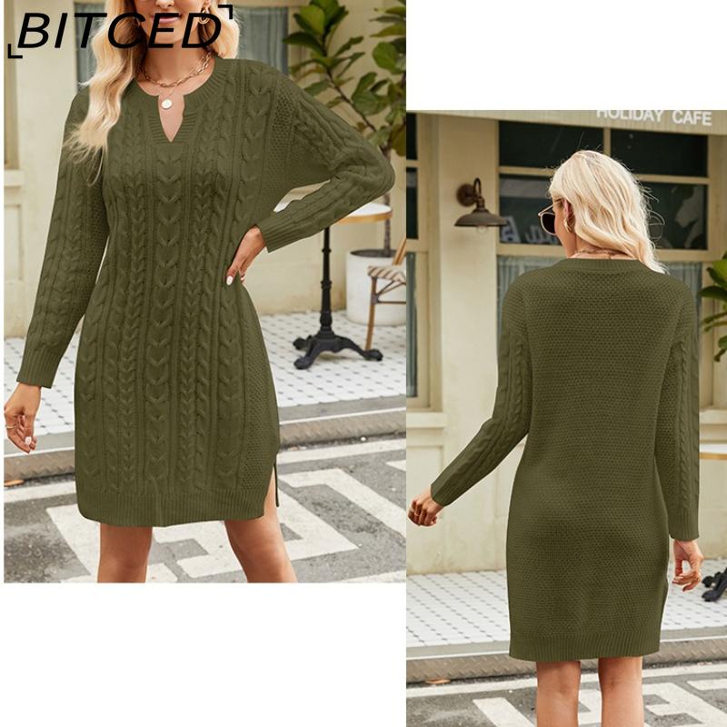 BITCED Autumn/Winter Twisted-Knit Mid-Length Knitted Dress Solid-Colour Slit-Hem Loose-Fit Pullover Women's Wool Dress