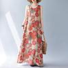 Real shot summer new bohemian literary loose sleeveless round neck printing medium and long dress women