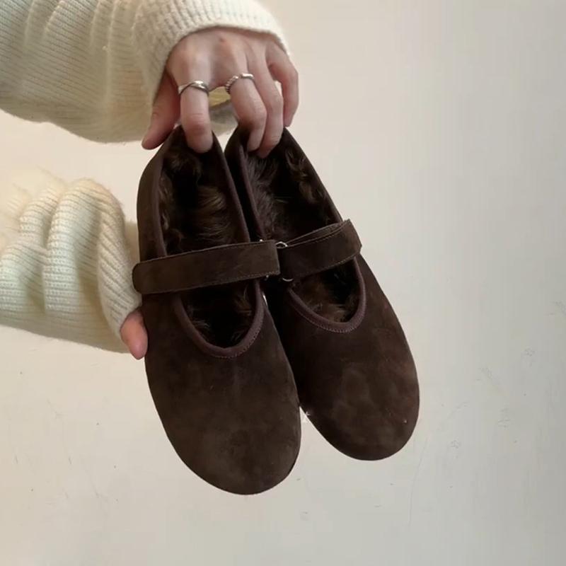 Komfortable Fleecegefütterte Damen Ballerinas Schlichte Runde Zehenschuhe 2026 Neue Frühjahrs Warme Baumwolle zum Hineinschlüpfen Oma's Schuhe