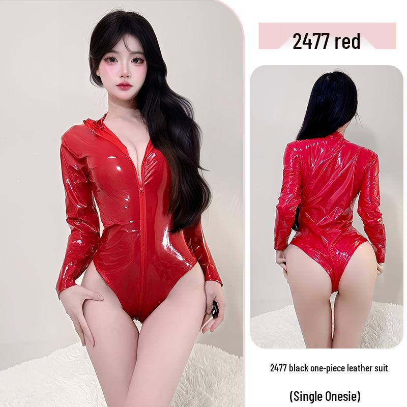 Patent Leather Open Crotch Bodysuit - Sexy Lingerie Set for Women with Small Bust, Pure Desire Sleepwear 