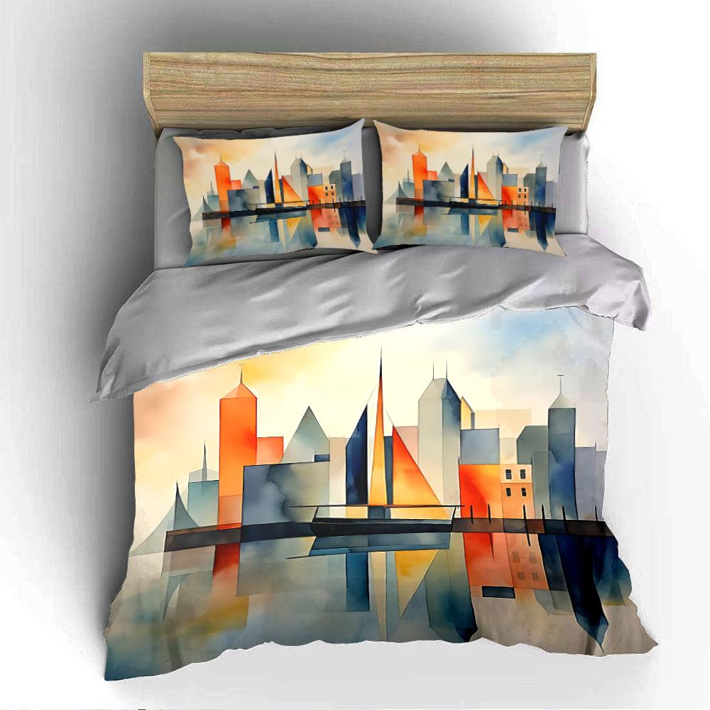 Abstract Sailboat Cityscape Bedding Duvet Cover Set Duvet Cover Pillowcases (1*Duvet Cover 2*Pillowcases, without duvet insert)
