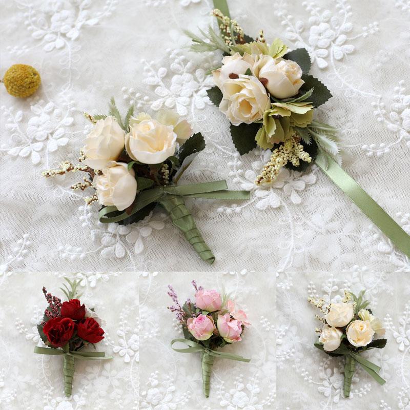 1pc Bride Groom Boutonniere Rose Corsage Artificial Wrist Flower Pin Brooch - Foto 7