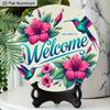 2D Flaches Aluminium Willkommensschild Runde Metallschild, Man Cave Wandkunst Schild für Bar, Garage, Haustür, Lebendige Kolibri- und Hibiskus-Blumendekoration