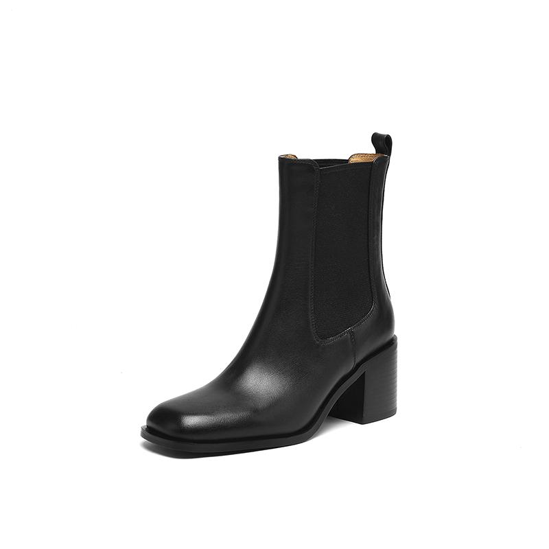 

Мода 2025 Осень Женские ботинки Квадратный носок Массивный каблук Натуральная кожа Женская обувь Короткие современные ботинки Зимние ботинки до середины икры на высоком каблуке 34 чёрный