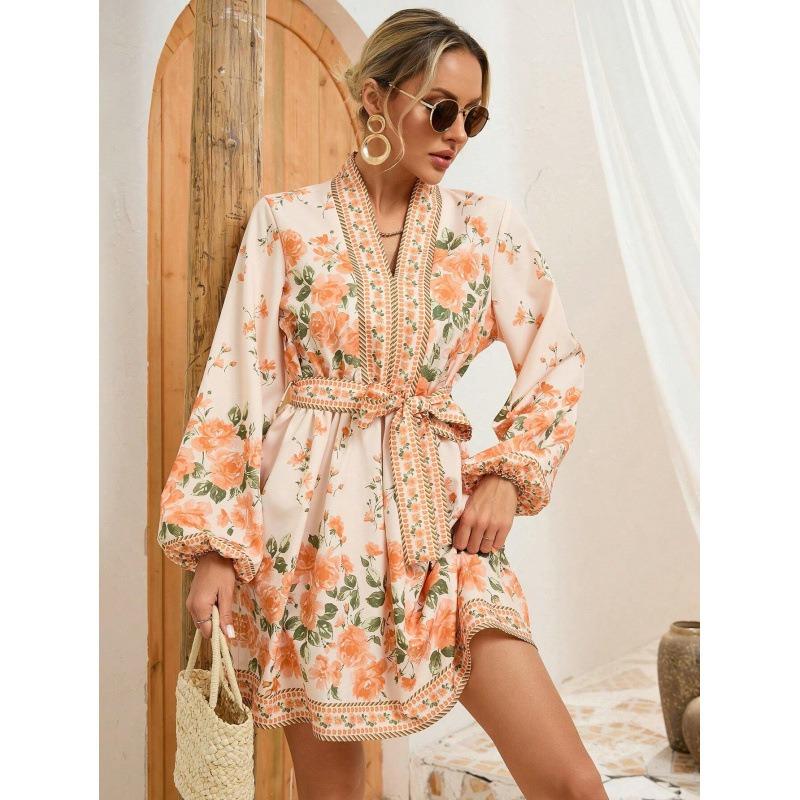 Women Floral Print V Neck Mini Dress Long Sleeve With Waist Tie And Border Print S жёлтый