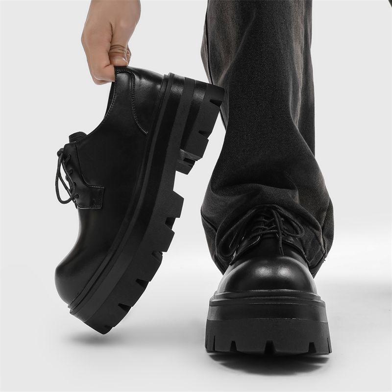 Thick-soled Derby Shoes for Men's Advanced Sense, Black Heightening Big Head Leather Shoes