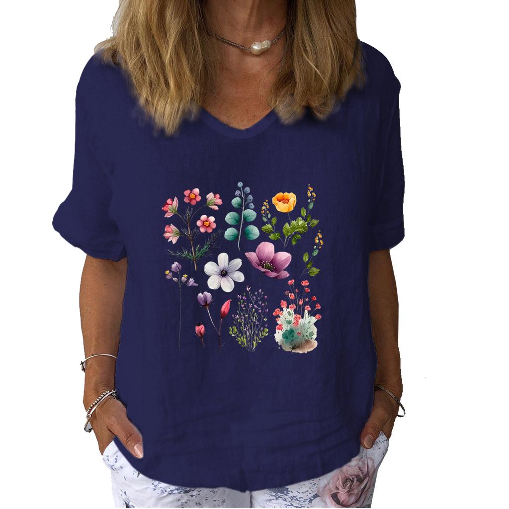 Women Fashion Linen Blouse Summer Casual Short Sleeve T-shirt Ladies Floral Print Pullover Loose Top