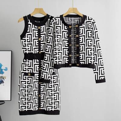 Primavera Autunno Designer di marca Stampa Abiti da passerella Donna Maglione lavorato a maglia Abito tubino corto e cappotto giacca monopetto Set due pezzi