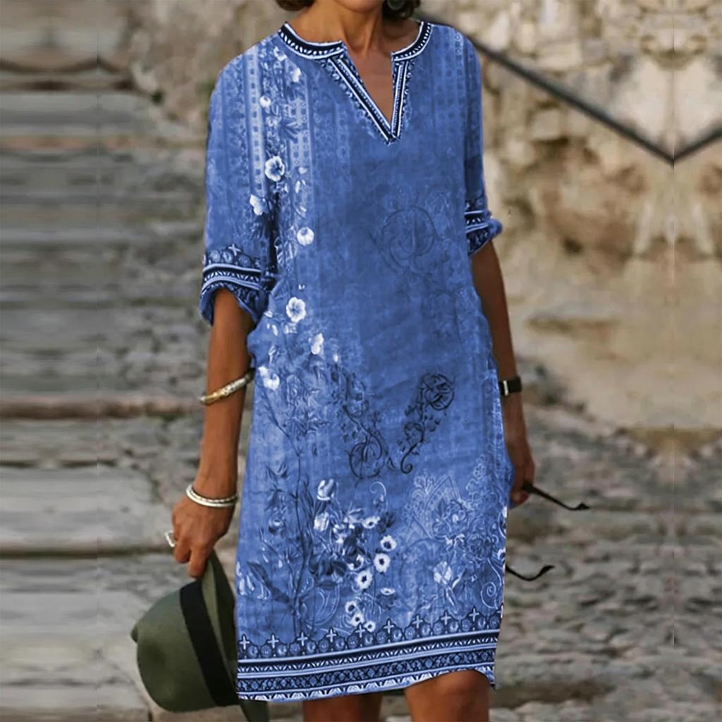 Women's Ethnic Print Casual V Neck Dress Loose Fit Mid Sleeve Knee Length Bohemian Style Summer Dress