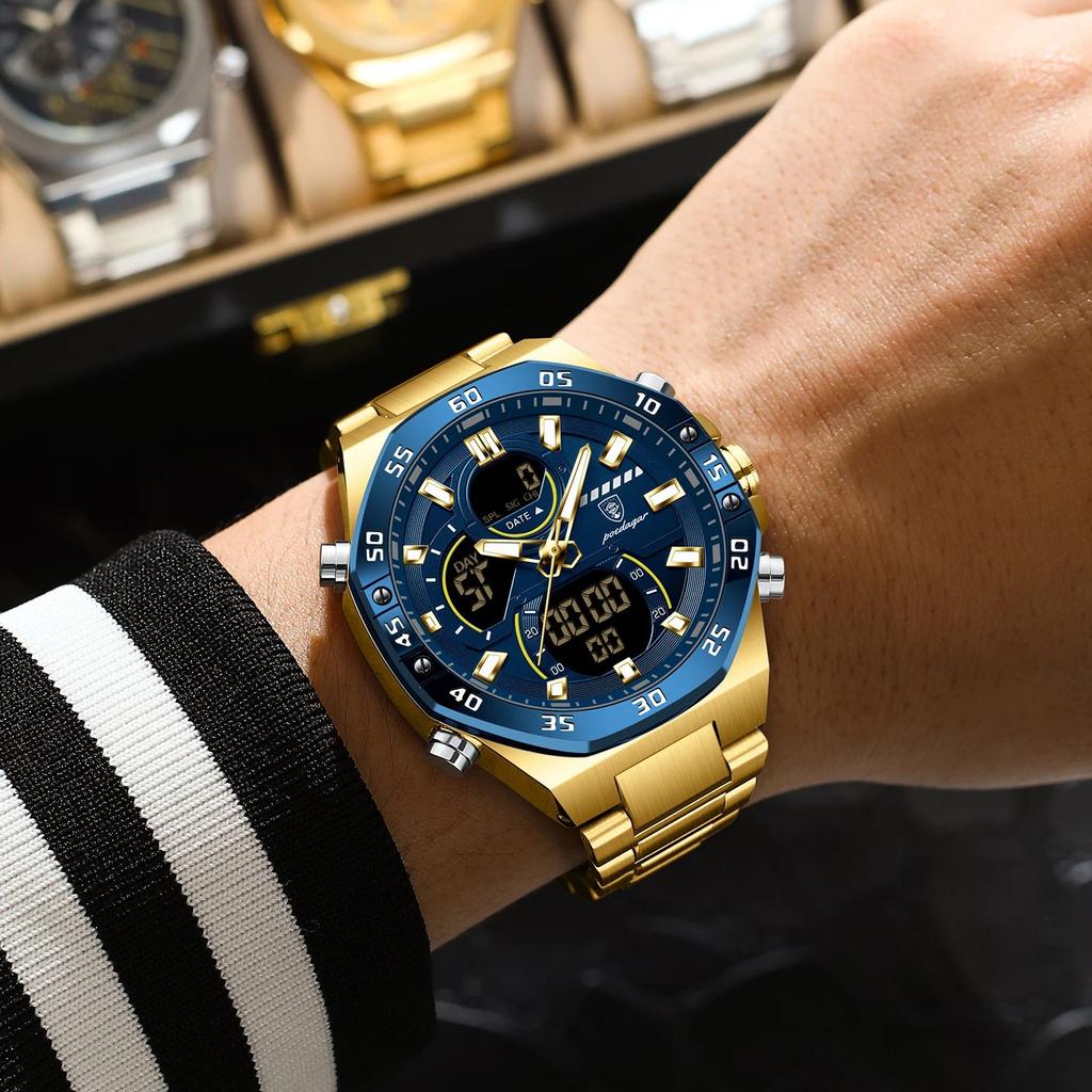 POEDAGAR Top Original Men Clock LED Luminous Waterproof Week Date Man Wristwatch Electronic Stainless Steel Quartz Men's Watches
