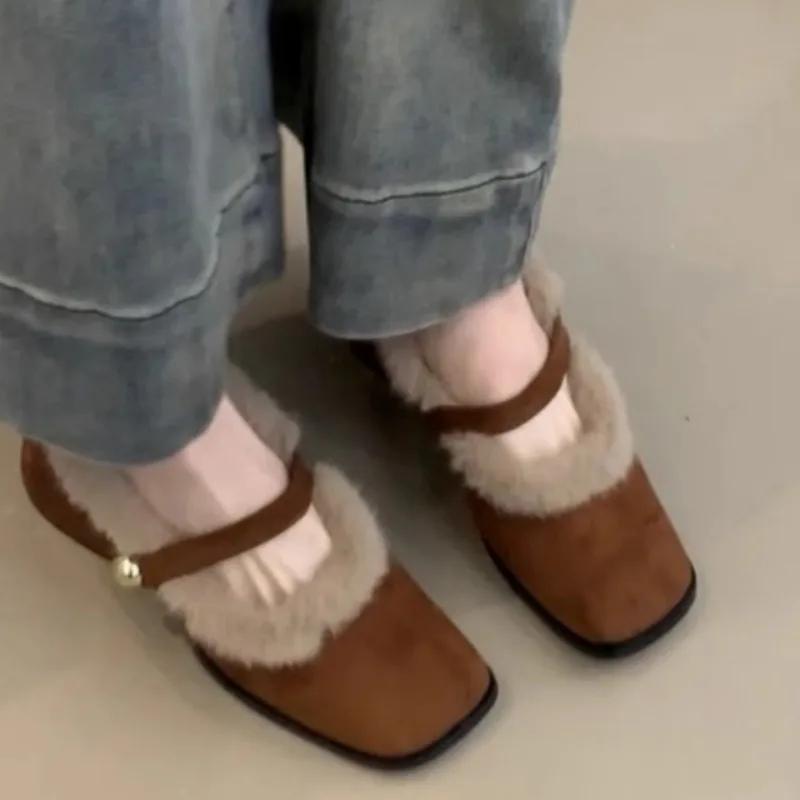 Mode Damenmode Dicke Ferse Baumwollstiefel Winter Neu Eckige Spitze Flacher Ausschnitt Wildleder Rutschfest Abriebfest Niedrige Schuhe