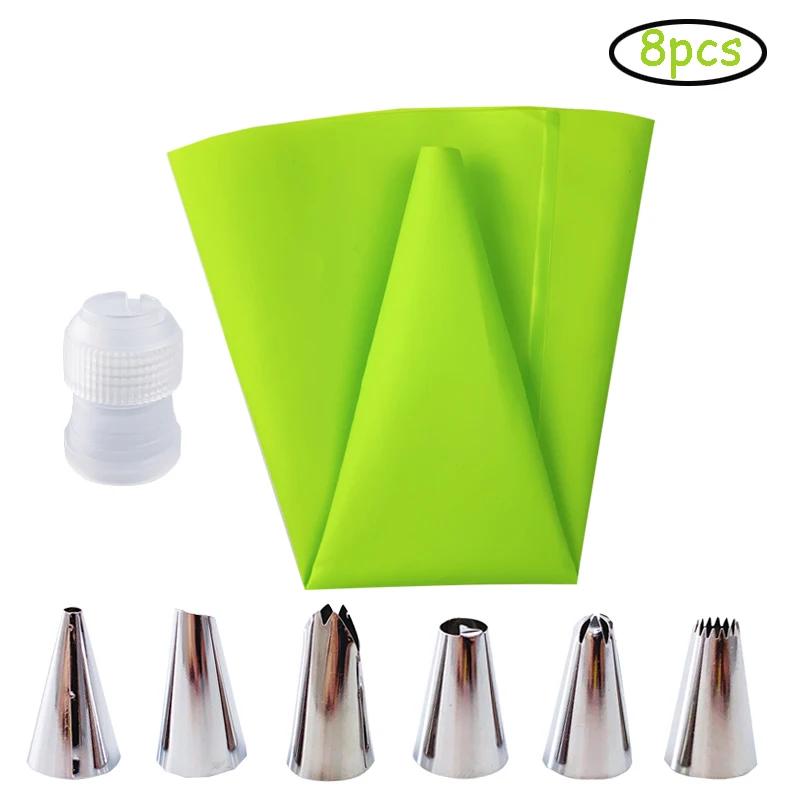 8 PCS/Set Silicone Kitchen Accessories Icing Piping Cream Pastry Bag + 6 Stainless Steel Nozzle Set DIY Cake Decorating Tips Set