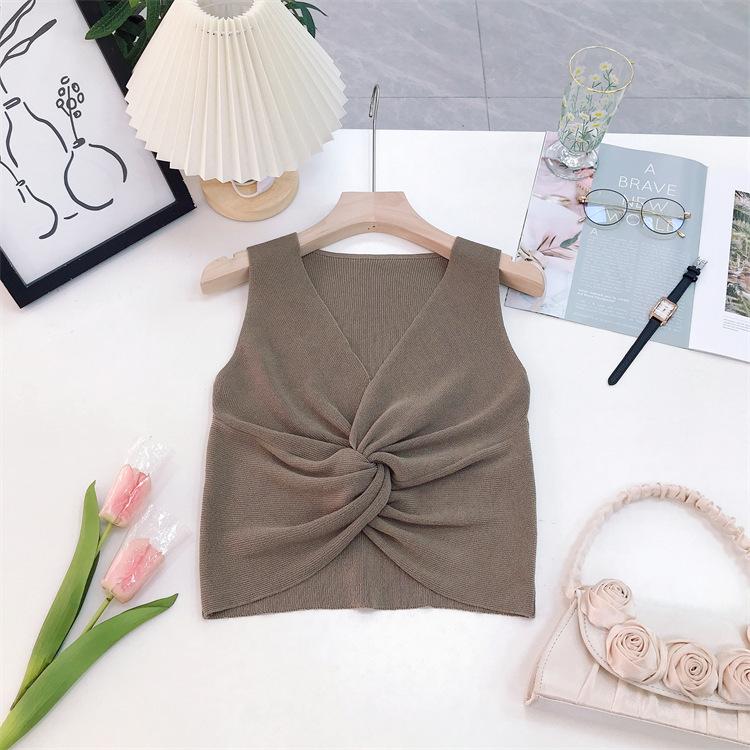 

Корейские шикарные летние майки, французский темперамент, крест, v-образный вырез, вязаные пуловеры без рукавов, женские корейские свободные новые топы B-017 One Size хаки