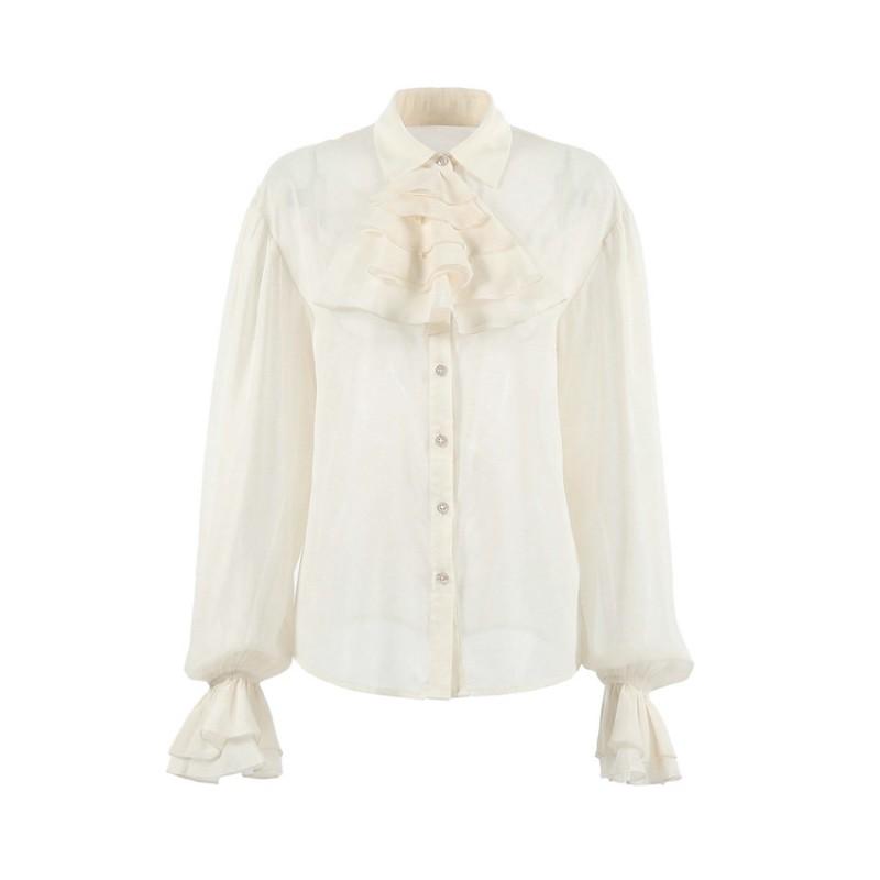 Elegant French Vintage Blouse With Ruffled Sleeves Slim Fit Chiffon Top Women 2026
