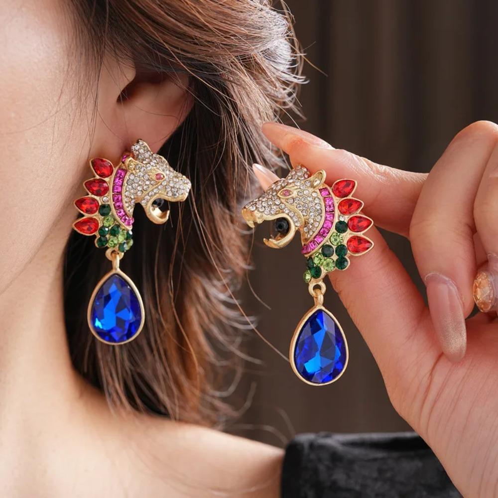 

Silver Needle Oval Drop Earring Vintage Stud Earrings Rhinestone Leopard Earrings Party