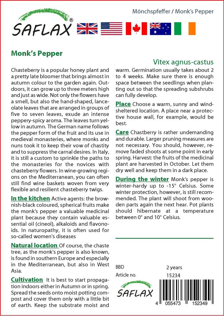 SAFLAX Garden In the Bag - Monk’s Pepper - 30 Seeds - With Substrate In a Fitting Stand Up Bag - Vitex Agnus-castus