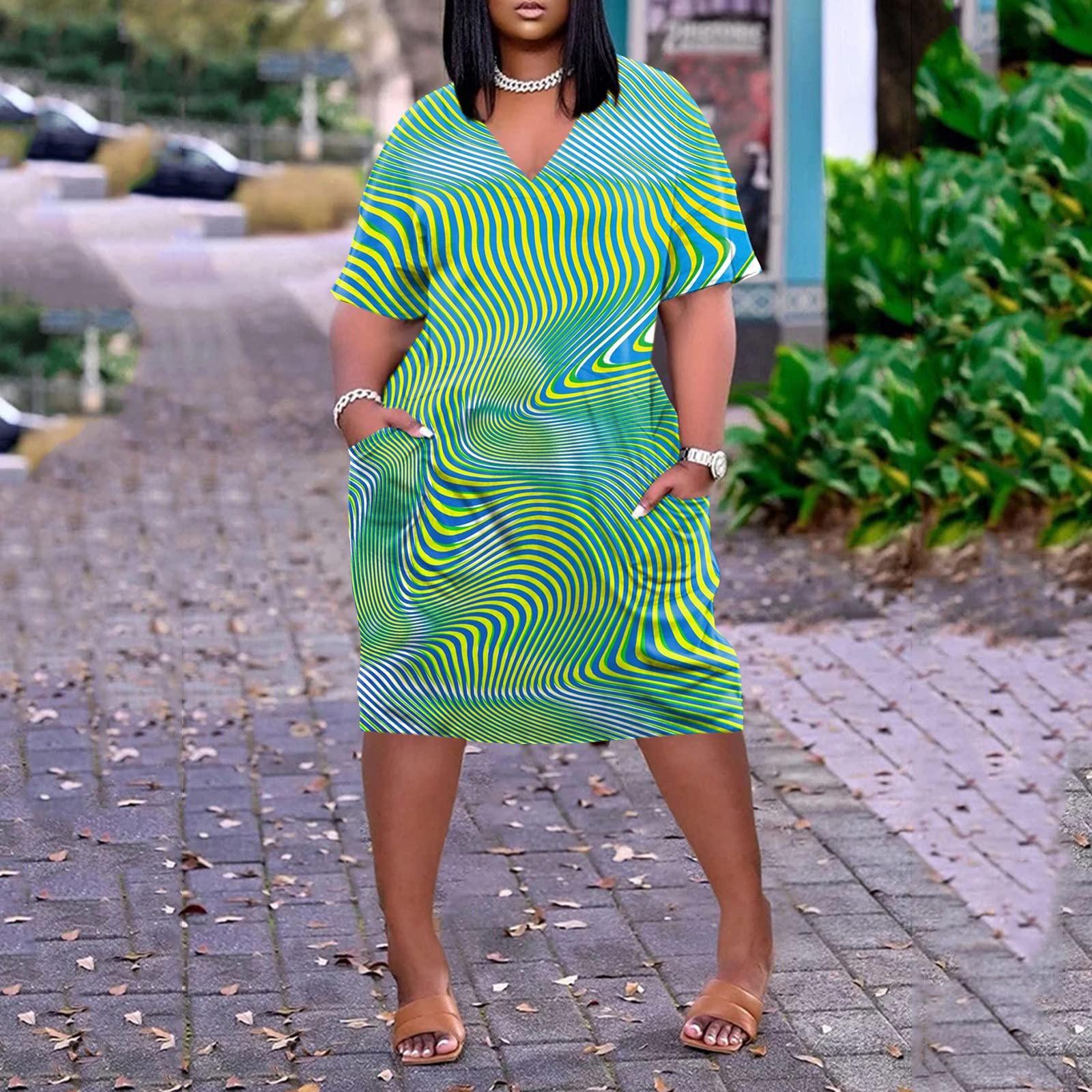 

Большое платье, женское летнее платье с v-образным вырезом, платье с короткими рукавами и принтом, с карманами XL зелёный