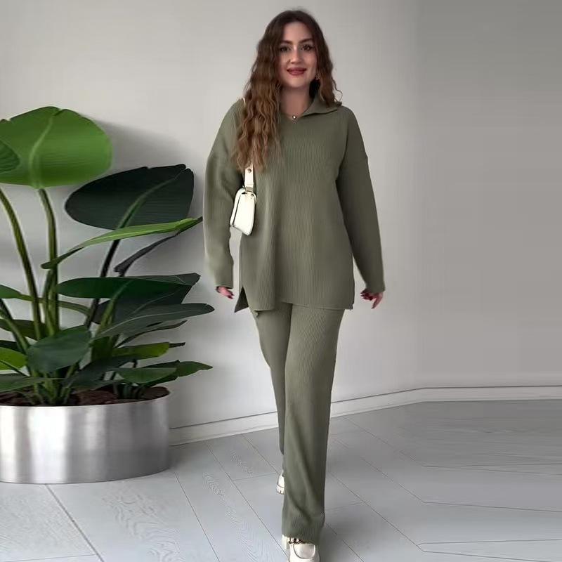 Autumn and Winter Fashion Solid Color Loose Hem Split Knitted Sweater Two-piece Set Women