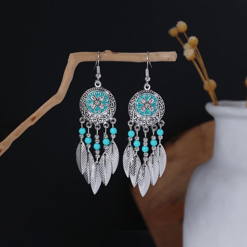 Bohemian Ethnic Oval Tassel Earrings with Beads