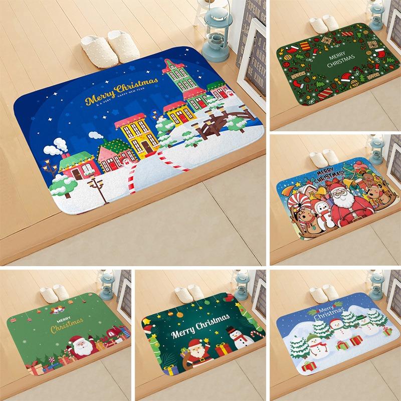 Christmas Themed Door Mat Santa Claus Snowman Gift Box Patterns Soft Non Slip Rug for Entryway Bathroom Xmas Decor