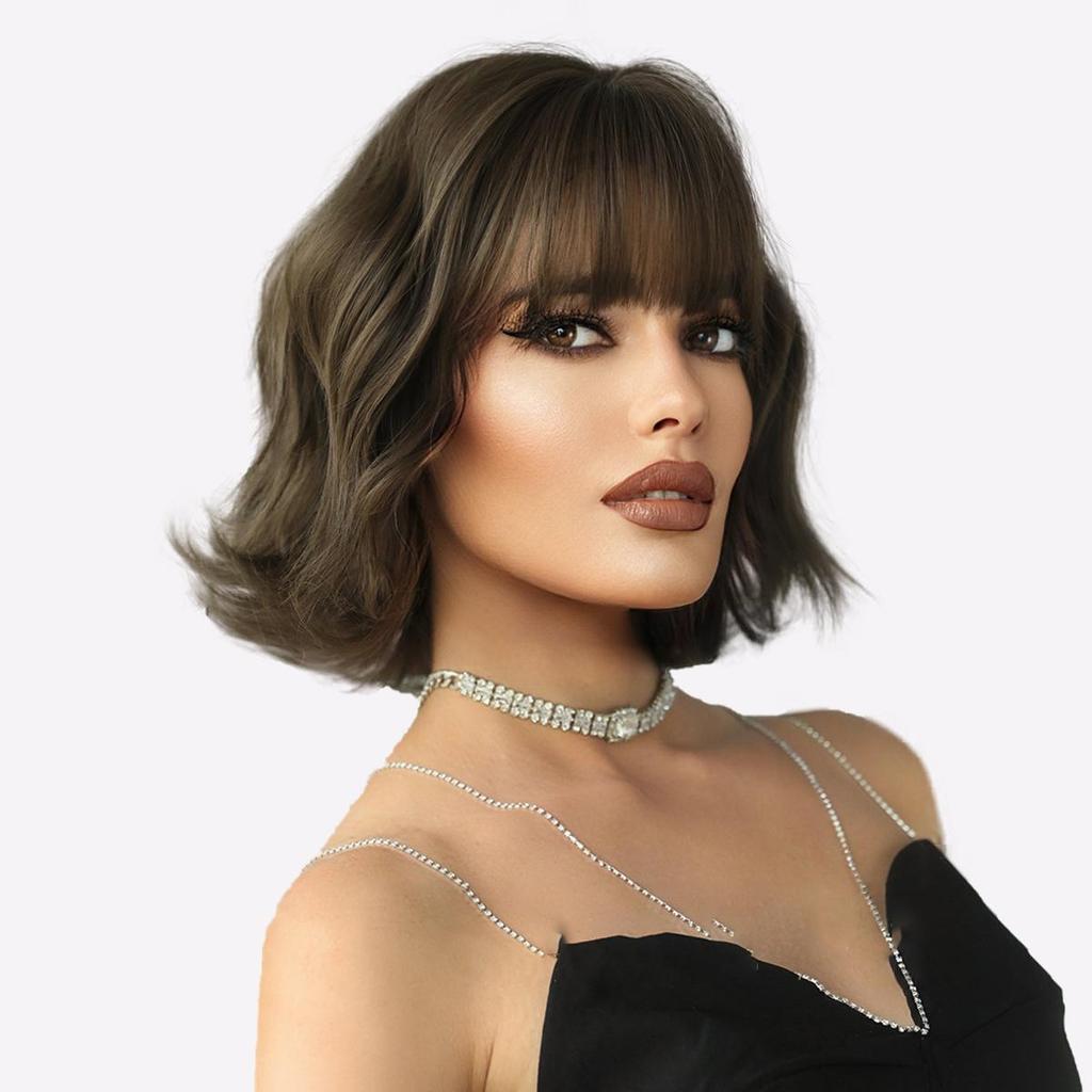 Short Curly Bob Wig Water Wave with Blunt Bangs | Natural Looking Everyday Party Wig | Comfort Fit Adjustable Cap (European & American Style)