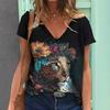 Summer V-neck 3D Animal Pattern Printed Top Fashionable Casual Short Sleeved Women's T-shirts