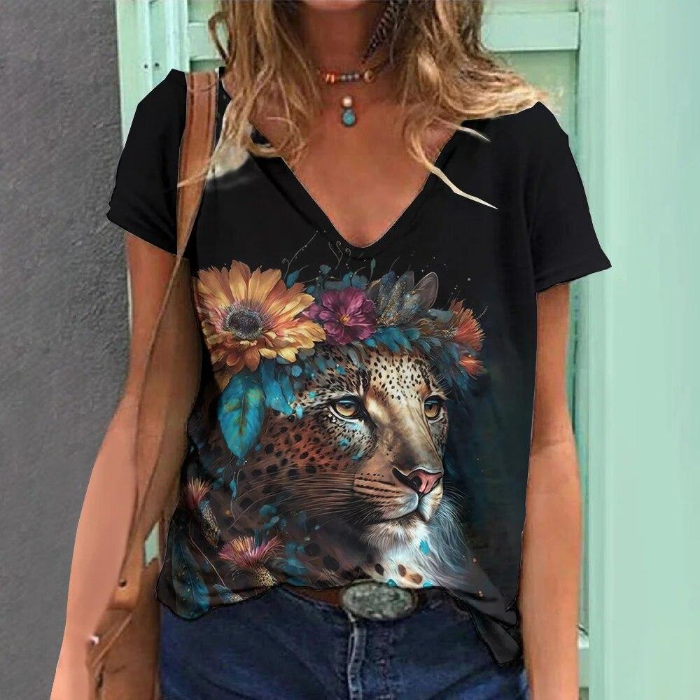 Summer V-neck 3D Animal Pattern Printed Top Fashionable Casual Short Sleeved Women's T-shirts