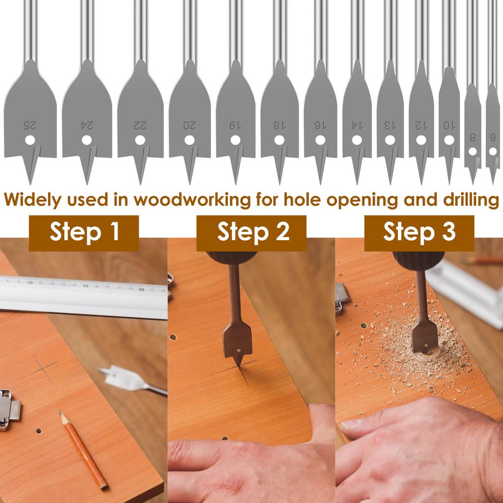 15PCS 6-25mm Durable Woodworking Tool Sets Flat Drill Long High-carbon Steel Wood Flat Drills Woodworking Spade Drill Bits