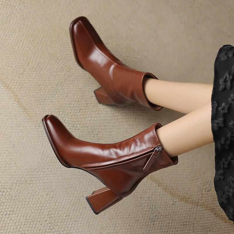 Fashion 2024 Autumn/Winter Women Boots Square Toe High Heel Shoes for Women Leather Boots Women Handemade Shoes Mid-calf Ladies Shoes
