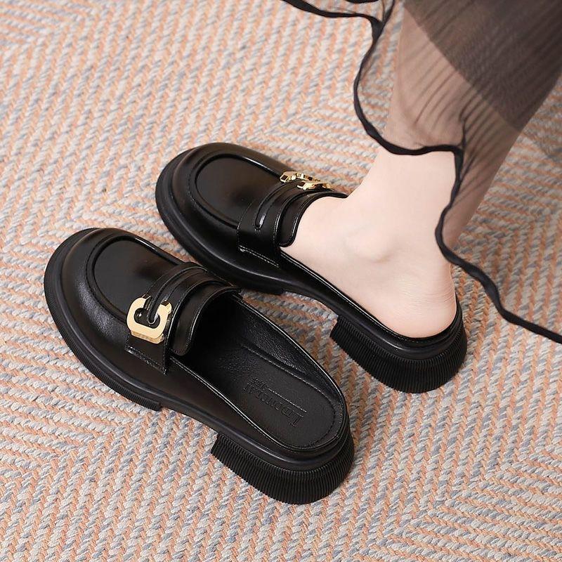Leather Bag Head Half Slippers Women's 2025 New Versatile Casual Lazy One-pedal Doudou Shoes Thick Heel Half Shoes Women