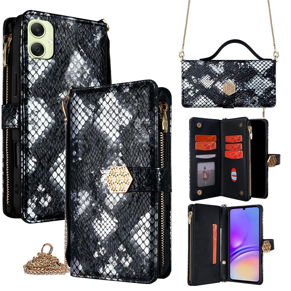 

For Samsung Galaxy A05 4G Case Snake Skin Texture PU Leather Phone Wallet Cover with Shoulder Strap Black
