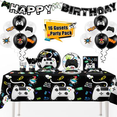 Video Game Party Decorations for Boys,140pcs Gamer Birthday Decorations&Party Tableware Set-Party Plates Tablecloth Balloons Banner Etc Party Supplies