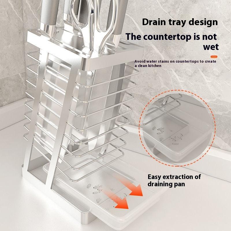 304 Stainless Steel Kitchen Knife Holder Utility Knife Rack Countertop Organizer with Drip Tray for Chef Rust-Proof Organizer