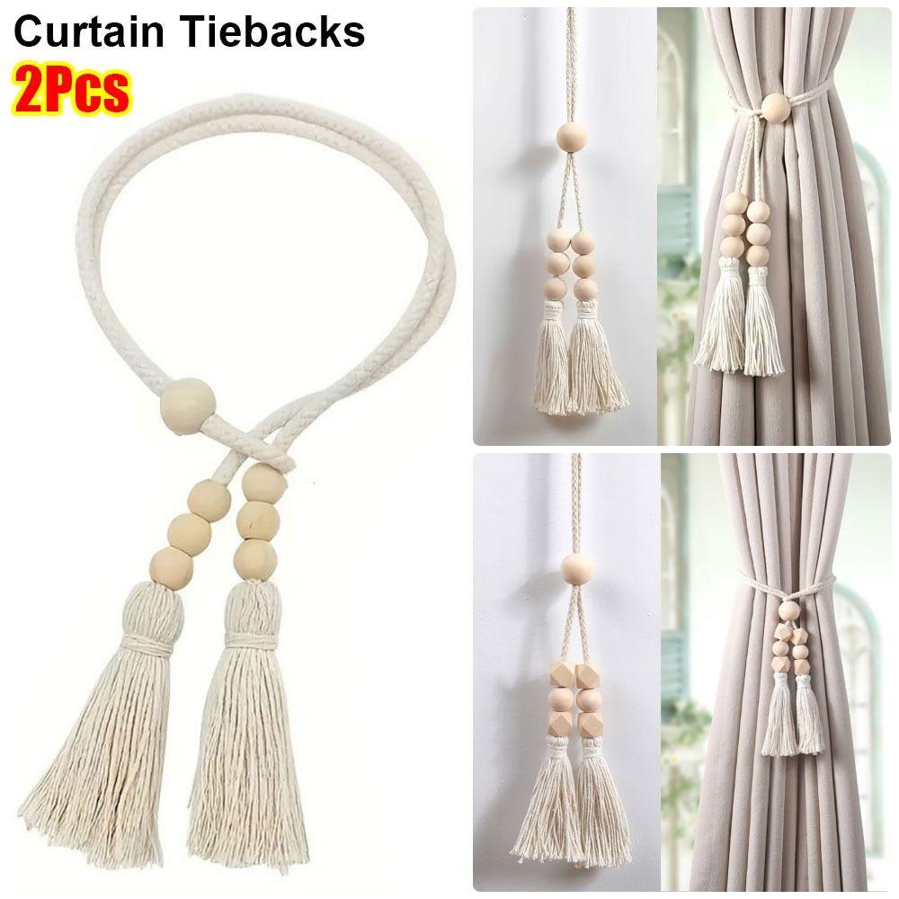 2Pcs Wooden Bead Curtain Tiebacks Fixed Curtain Hooks Curtain Tying Rope Home Decor Accessories