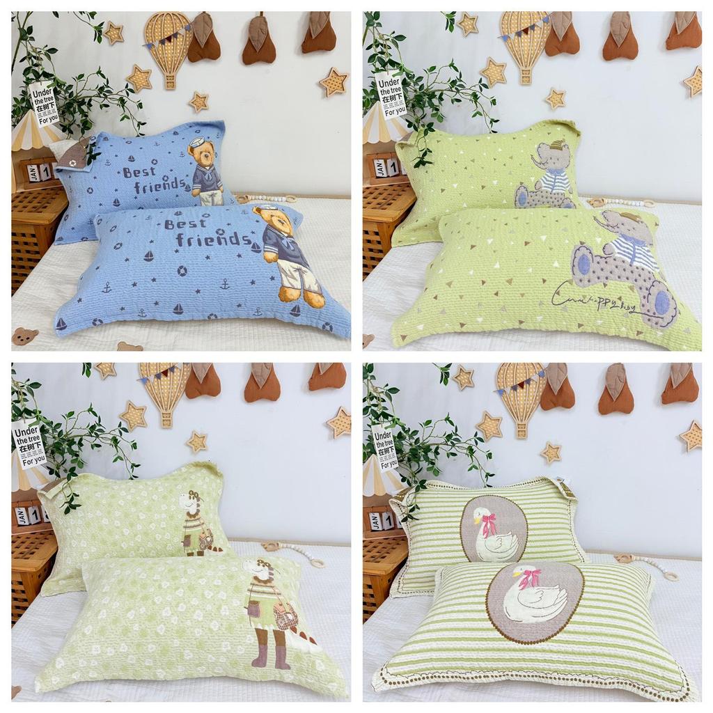Cartoon Cotton Gauze Pillowcase Set: Soft, Breathable, Sweat-Absorbent Pillow Covers.