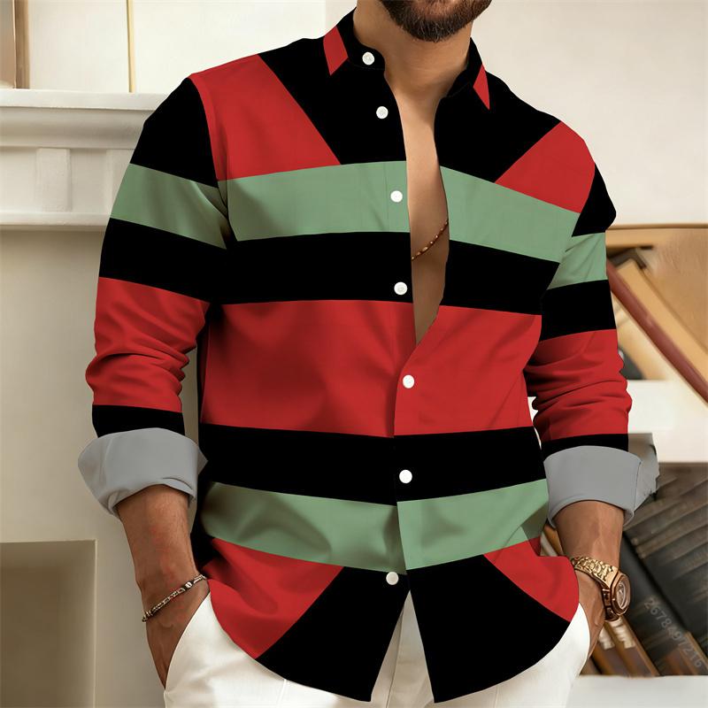 Nuova Camicia da Uomo Geometrica Color-Block Stampata in 3D a Maniche Lunghe, Elegante Camicia da Uomo, Streetwear da Esterno