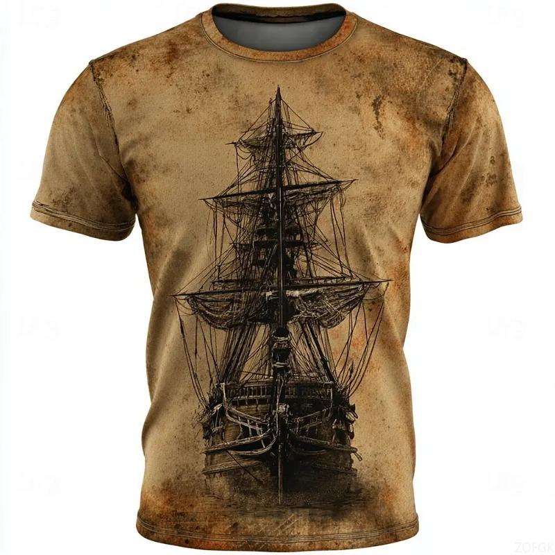 ETST 009 Heren Gebreide Trui Piraat Korte Mouwen 3D Geprint Ronde Hals Modieus Dagelijks Straat Casual Herenkleding XL
