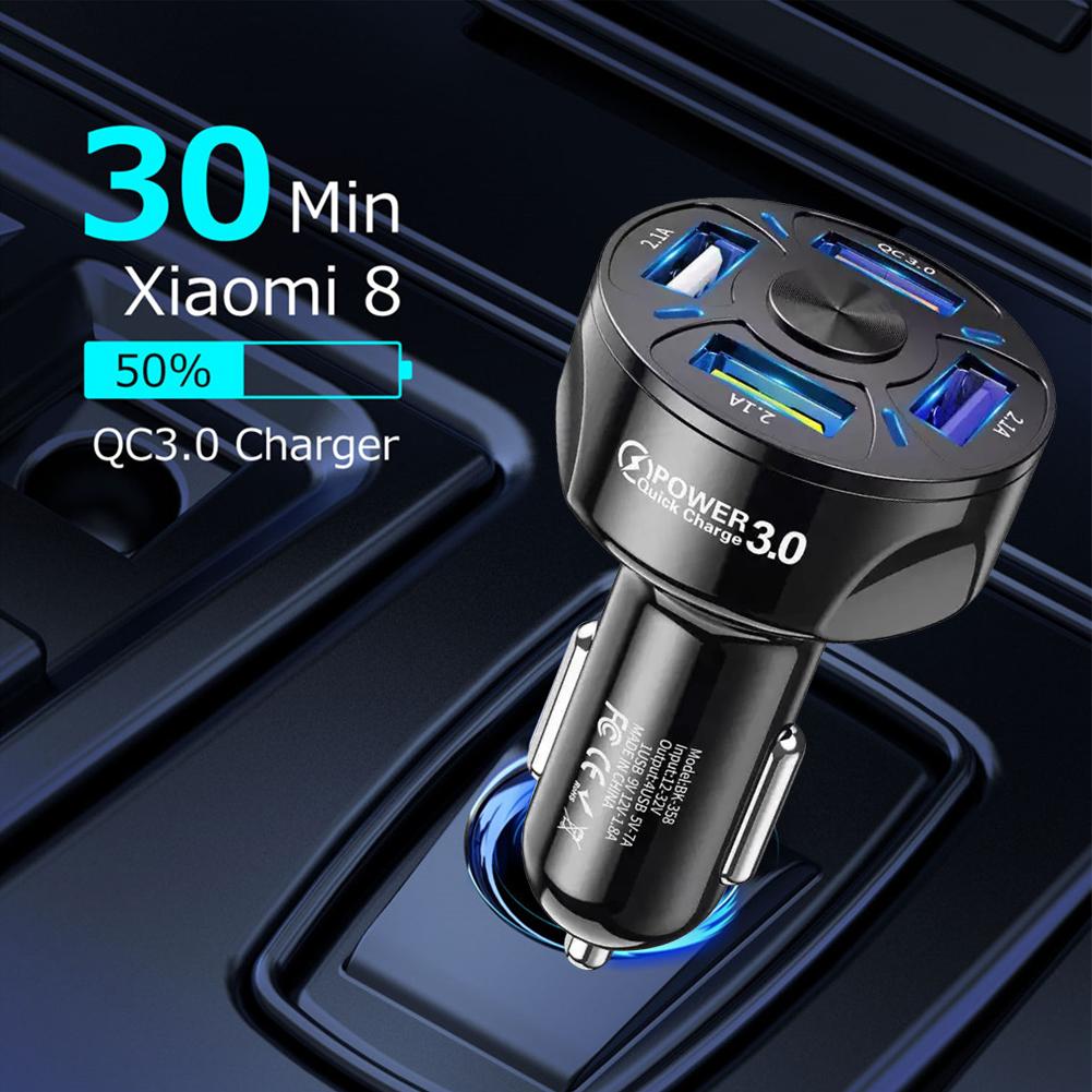 4 Port Car Charger Adapter Quick Charge Blue Light Power Adapter 35W/66W Car Phone Charger Fast Charging QC 3.0 Cell Phone Parts
