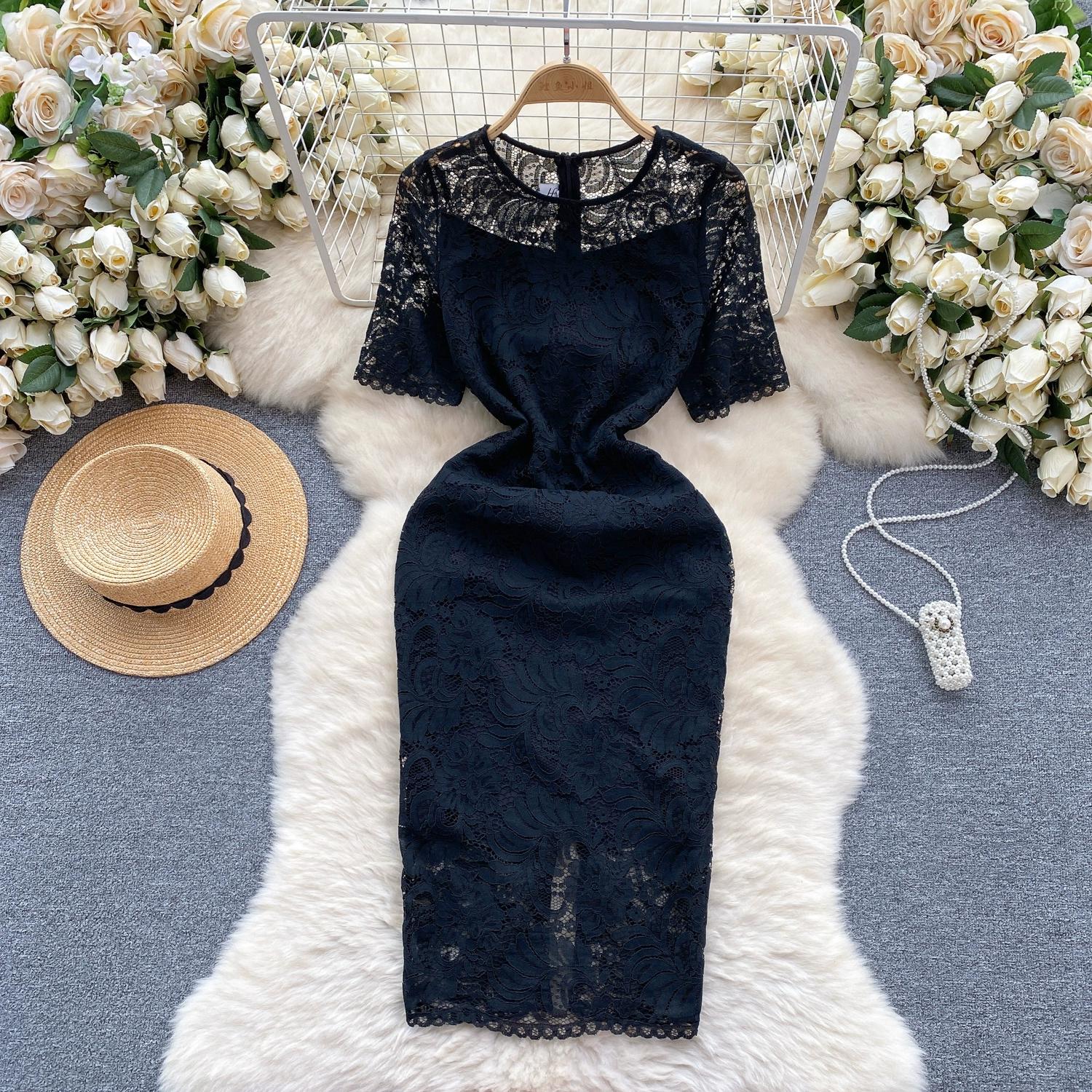 

Летние женские однотонные кружевные офисные тонкие облегающие платья-карандаш XL чёрный