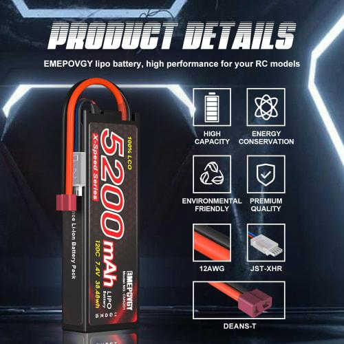 7.4V LiPo Battery, 5200mAh, 120C, 2S, Set of 2, with Deans T, X-Speed ??Series, Compatible with a Wide Range of RC Cars and Trucks