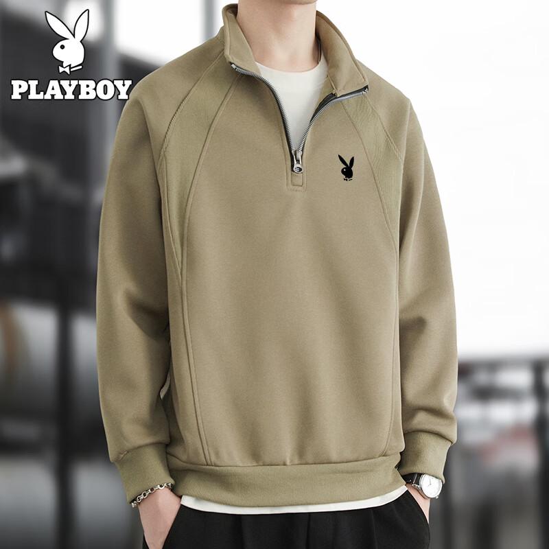 PLAYBOY Men s American Style Stand Collar Half-Zip Casual Long Sleeve Sweatshirt L