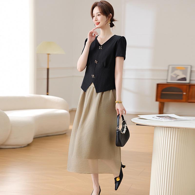 2026 Stylish Summer Dress Set for Middle-Aged and Elderly Women - Plus Size Short Sleeve Outfit
