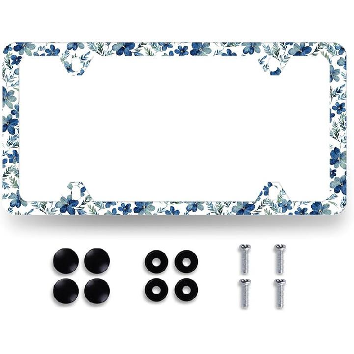 Blue Boho Flowers License Plate Frame Cute Floral License Plate Personalise Auto Parts For Men Women Car Decoration Stainless Steel Funny License