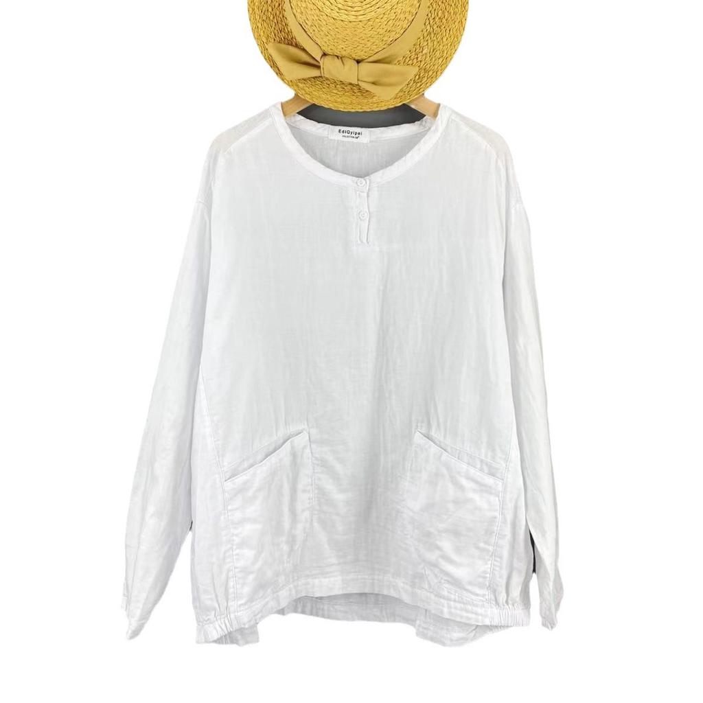 1116 New, Solid Color Embroidery, Cotton Yarn Long-sleeved Shirt, Loose Literary Bottoming Shirt, Versatile Top Shirt.
