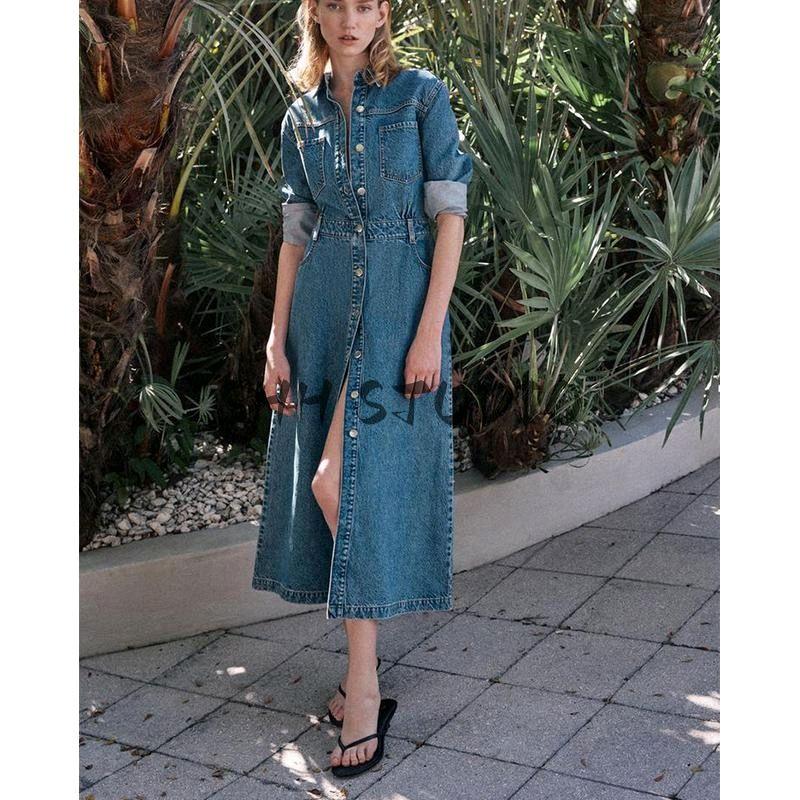 Spring New Women's Clothing Minimalist Style Decorated Row Button Lapel Long Sleeves Denim Midi Skirt Dress 1879225