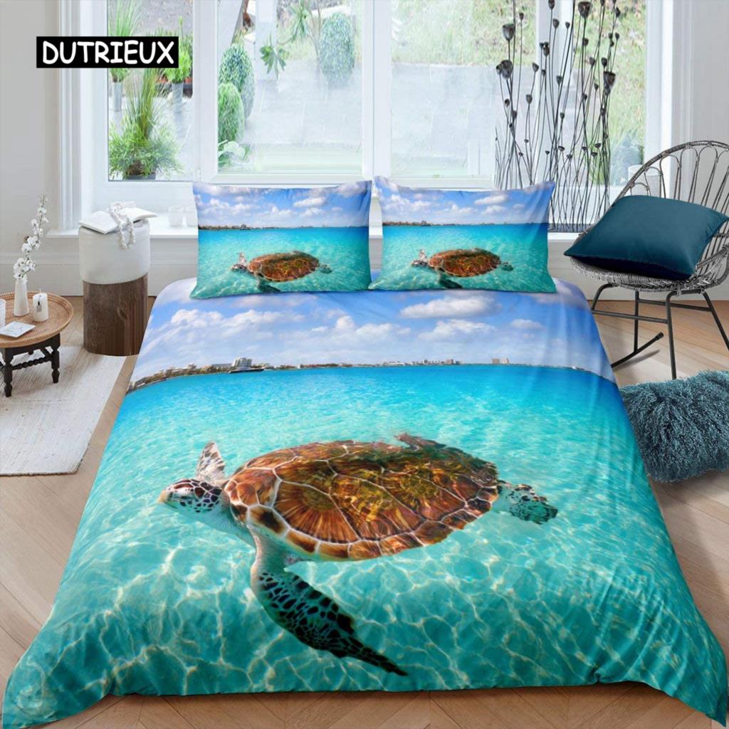 Sea Turtle Duvet Cover Sea Turtle Jellyfish Coral Reef Bedding Set Microfiber Blue Ocean Underwater World Queen King Quilt Cover