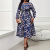European and American Large-size Autumn New Temperament Elegant Round Neck Printed Waist A-shaped Dress